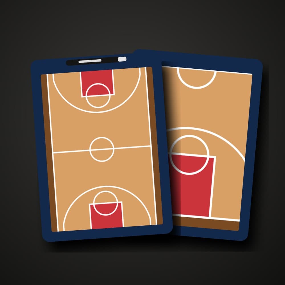 Pizarra táctica personalizada de baloncesto, cara delantera con la pista completa y trasera con media pista