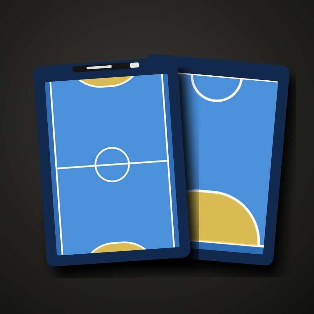 Pizarra táctica personalizada de fútbol sala, cara delantera con la pista completa y trasera con media pista