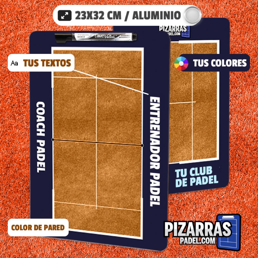 Pizarra de pádel con pista de tierra, borde azul marino y fondo naranja