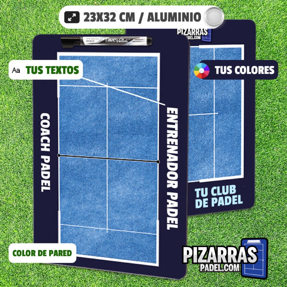 Pizarra de pádel con pista azul, borde azul marino y fondo de césped verde