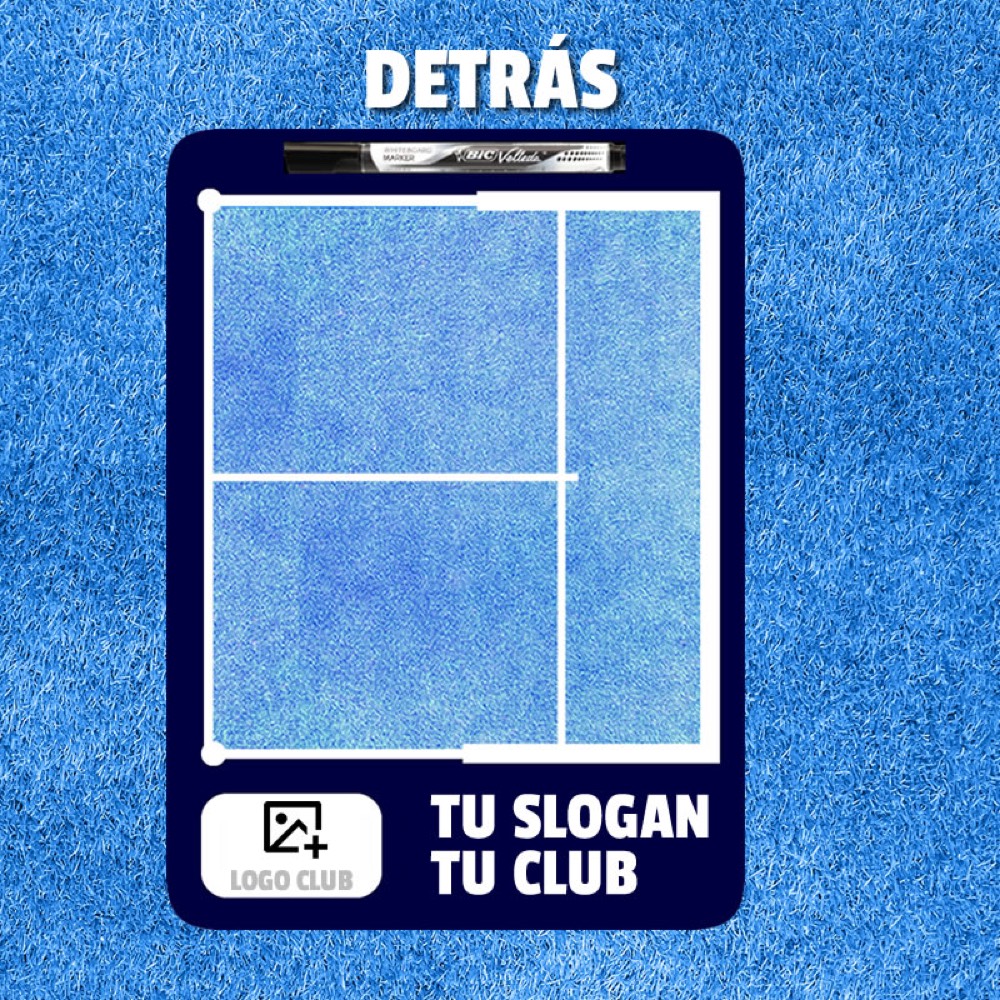 Pizarra táctica de pádel con pista azul, cara trasera